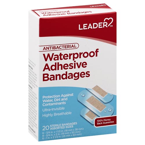 Image for Leader Adhesive Bandages, Antibacterial, Waterproof, Assorted Sizes,20ea from Briargrove Pharmacy & Gifts