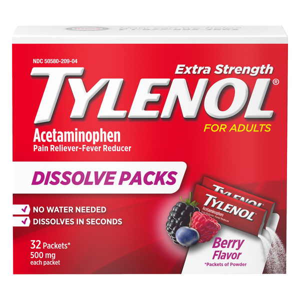Image for Tylenol Acetaminophen, for Adults, Extra Strength, 500 mg, Berry Flavor, Dissolve Packs,32ea from Briargrove Pharmacy & Gifts