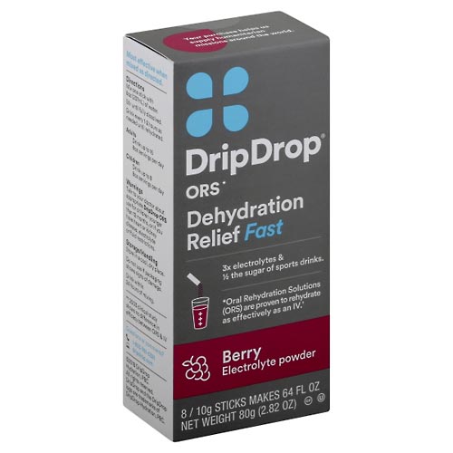 Image for DripDrop Electrolyte Powder, Dehydration Relief Fast, Berry,8ea from Briargrove Pharmacy & Gifts